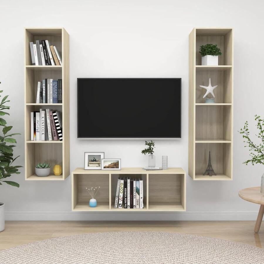 VidaXL Tv-meubelset Spaanplaat Sonoma Eiken 3-delig Tv Meubels Salontafel Woonkamer Decoratie Houten Tv Stand Bruine Tv Kasten Eiken Kleurige Tv Unit Wandmontage Tv Kast Media Kast Opslag Ruimte Living Room Furniture - Foto 2