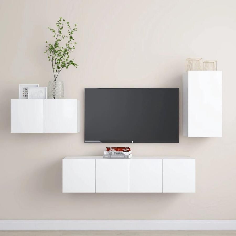 VidaXL Tv-meubelset Wit Bewerkt hout 4-delig TV-meubel Wandmontage Houten Meubilair Witte Meubelen Salontafel Woonkamerinrichting Opslagruimte Media Center Tv Stand - Foto 2