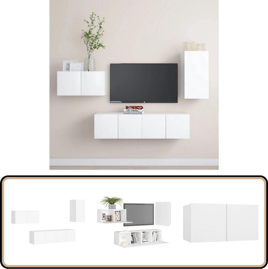 VidaXL Tv-meubelset Wit Bewerkt hout 4-delig TV-meubel Wandmontage Houten Meubilair Witte Meubelen Salontafel Woonkamerinrichting Opslagruimte Media Center Tv Stand