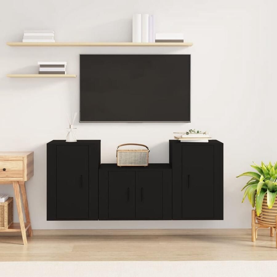 VidaXL Tv-meubelset Zwart 3-delig Bewerkt hout Klassieke Tv Kast Tv Meubel Set Houten Tv Kast Zwarte Tv Kast Wandmontage Tv Kast Opbergruimte Tv Kast - Foto 2