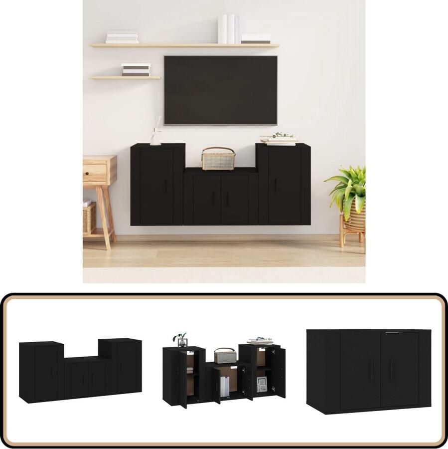 VidaXL Tv-meubelset Zwart 3-delig Bewerkt hout Klassieke Tv Kast Tv Meubel Set Houten Tv Kast Zwarte Tv Kast Wandmontage Tv Kast Opbergruimte Tv Kast