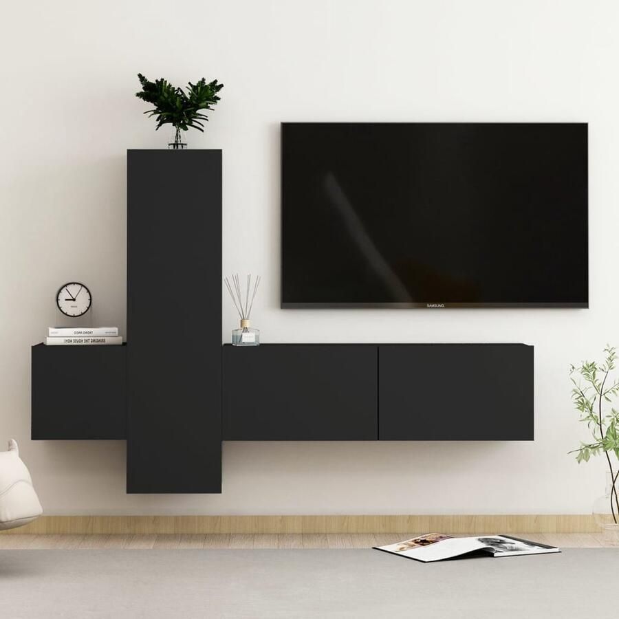 VidaXL Tv-meubelset Zwart Bewerkt hout 3-delig Tv Meubel Salontafel Media Kast Wandmontage Houten Tv Stand Black Furniture Zwarte Tv Unit - Foto 2