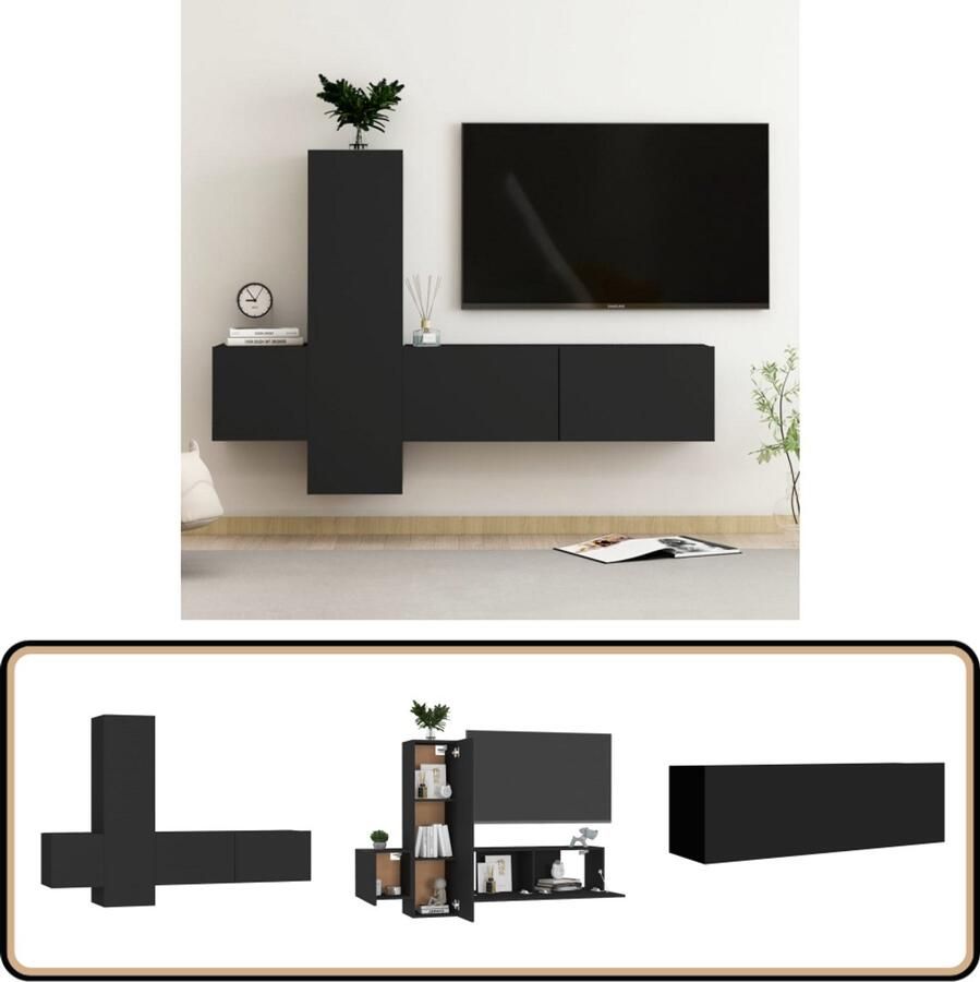 VidaXL Tv-meubelset Zwart Bewerkt hout 3-delig Tv Meubel Salontafel Media Kast Wandmontage Houten Tv Stand Black Furniture Zwarte Tv Unit