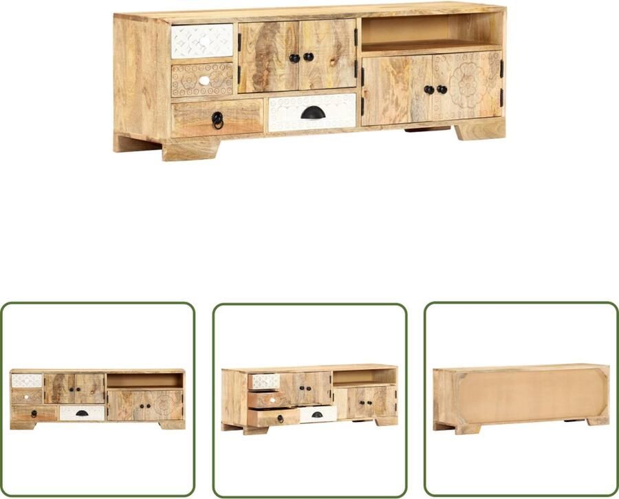 The Living Store Tv-meubel Massief mangohout 120x30x40 cm Met 4 lades 2 vakken Natuurlijke afwerking Tv Meubels Tv Stand Salontafel Woonkamerdecoratie Mangohout Meubels