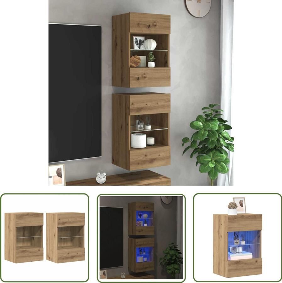 VidaXL Tv Stand Tv Meubels Wandkasten met LED-verlichting voor tv 2 st 40x30x60 5 cm artisanaal eikenkleur Wandmontage Led Verlichting Opbergruimte