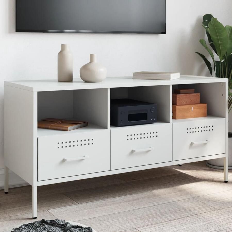 The Living Store Tv-meubel 100 5x39x50 5 cm staal wit Tv-meubel Industrieel Tv-stand Zwart Salontafel Metaal Koudgewalst Staal Opbergruimte Tv