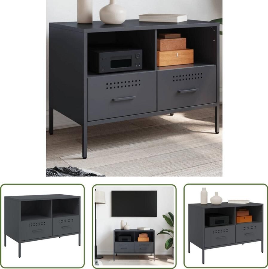 The Living Store Tv-meubel 68x39x50 5 cm staal antracietkleurig Tv Meubel Industrieel Tv Stand Zwart Koudgewalst Staal Salontafel Bergruimte