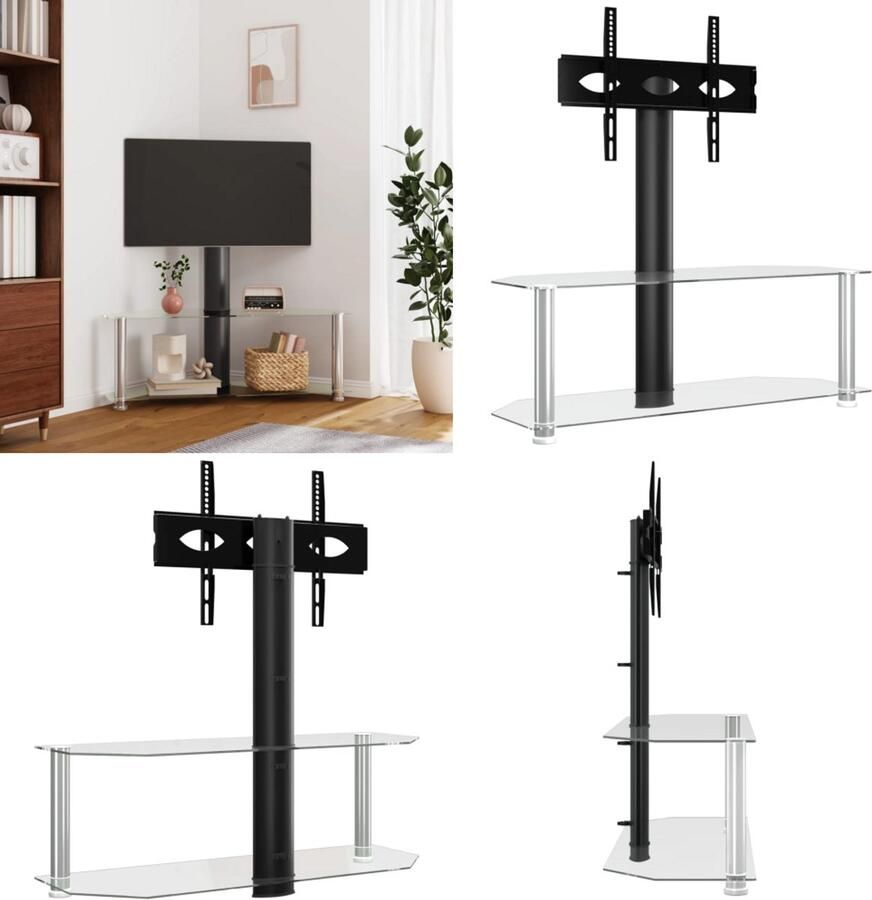 VidaXL Tv-standaard hoek 2-laags voor 32-70 inch zwart en zilverkleur Hoekstandaard Tv Hoekstandaarden Tv-meubel Tv Kast