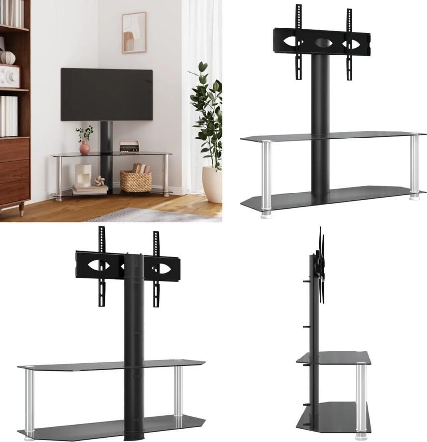 VidaXL Tv-standaard hoek 2-laags voor 32-70 inch zwart en zilverkleur Hoekstandaard Tv Hoekstandaarden Tv-meubel Tv Kast