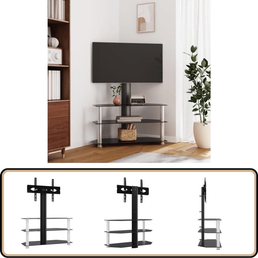 VidaXL Tv-standaard hoek 3-laags 32-70 inch Zwart Zilver Hoekstandaard Tv Hoekstandaarden Tv-meubel Tv Kast
