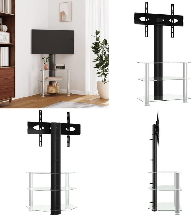 VidaXL Tv-standaard hoek 3-laags voor 32-70 inch zwart en zilverkleur Hoekstandaard Tv Hoekstandaarden Tv-meubel Tv Kast
