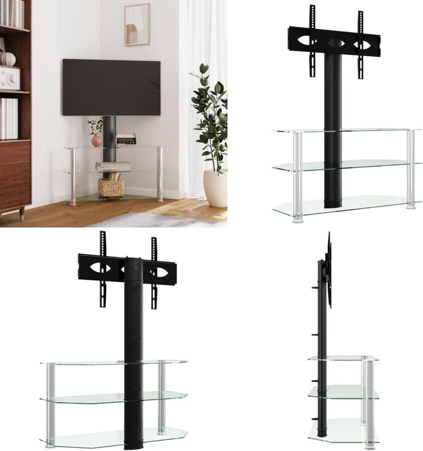 VidaXL Tv-standaard hoek 3-laags voor 32-70 inch zwart en zilverkleur Hoekstandaard Tv Hoekstandaarden Tv-meubel Tv Kast
