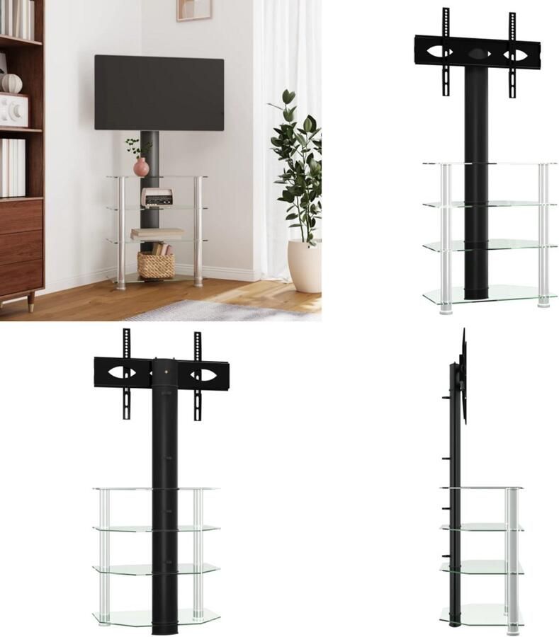 VidaXL Tv-standaard hoek 4-laags voor 32-70 inch zwart en zilverkleur Hoekstandaard Tv Hoekstandaarden Tv-meubel Tv Kast