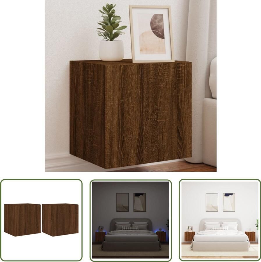 The Living Store Tv-wandmeubelen met LED 2 st 40 5x35x40 cm bruin eikenkleur Tv-meubel Tv-standaard Led Verlichting Bruineiken Houten Tv-meubel