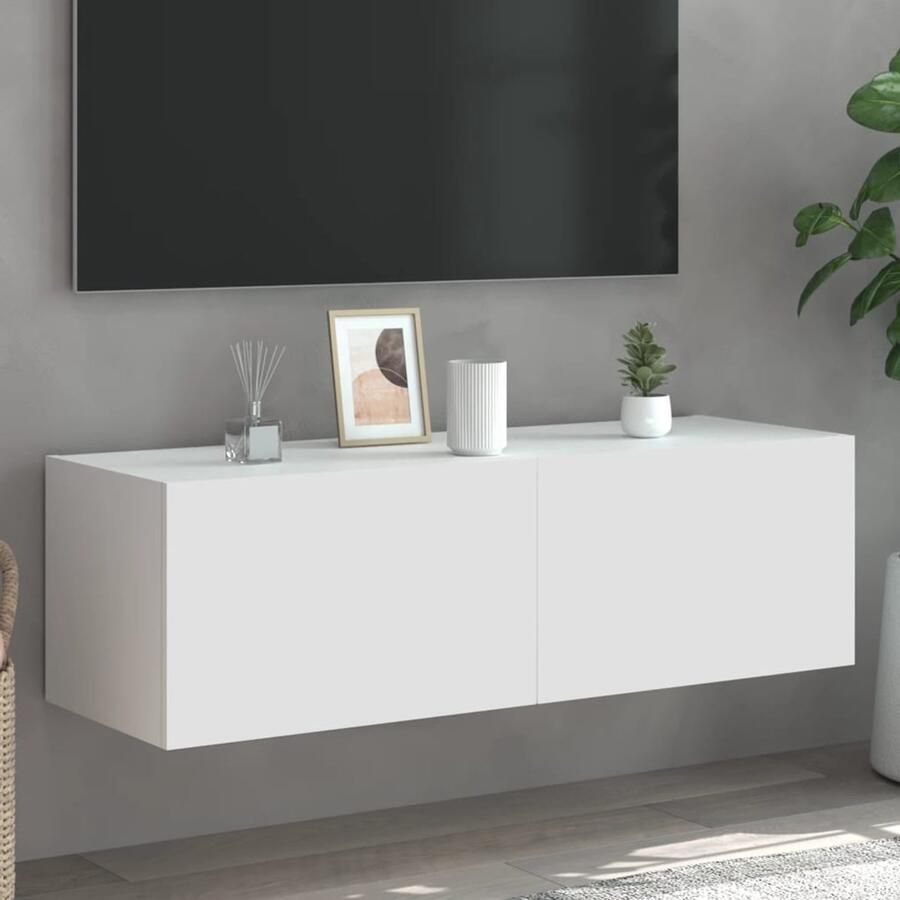 The Living Store Tv-wandmeubel met LED-verlichting 100x35x31 cm wit Tv-tafel Tv-standaard Led Verlichting Houten Tv Kast Modern Tv Meubel