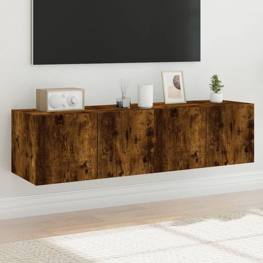The Living Store Tv-wandmeubelen met LED 2 st 60x35x31 cm gerookt eikenkleurig Tv-tafel Tv-standaard Tv-opstelling Led Verlichting Houten Tv-kast