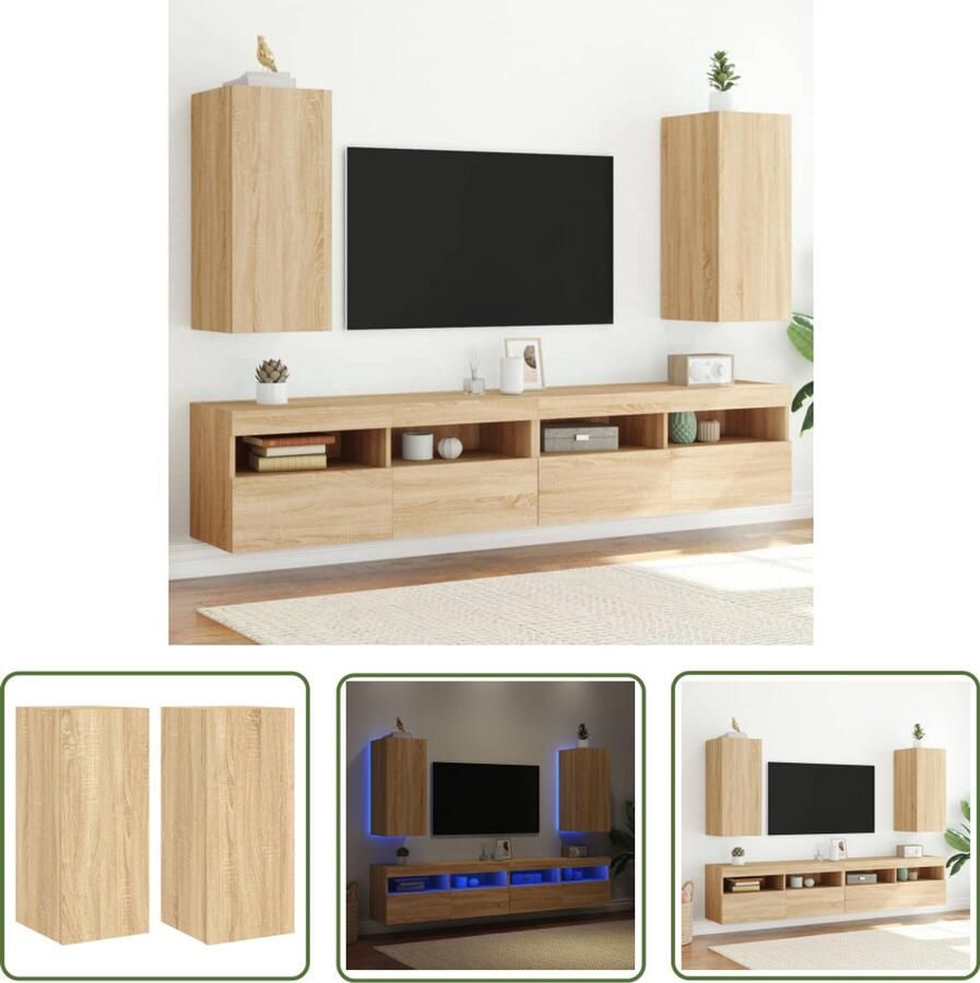 The Living Store Tv-wandmeubels met LED 2 st 30 5x35x70 cm sonoma eikenkleurig Tv-tafel Tv-standaard Salontafel Houten Tafel Led Verlichting