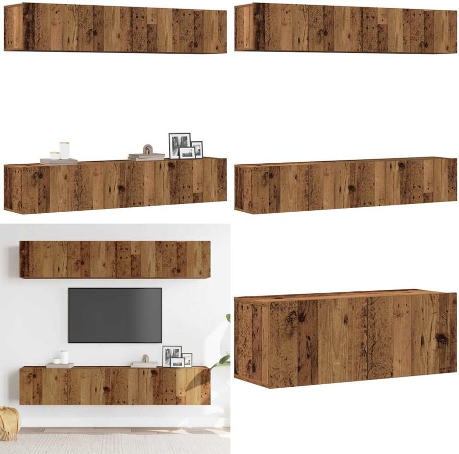 VidaXL Tv-wandkasten 4 st bewerkt hout oud houtkleurig Tv-kast Tv-kasten Tv-standaard Tv-meubel