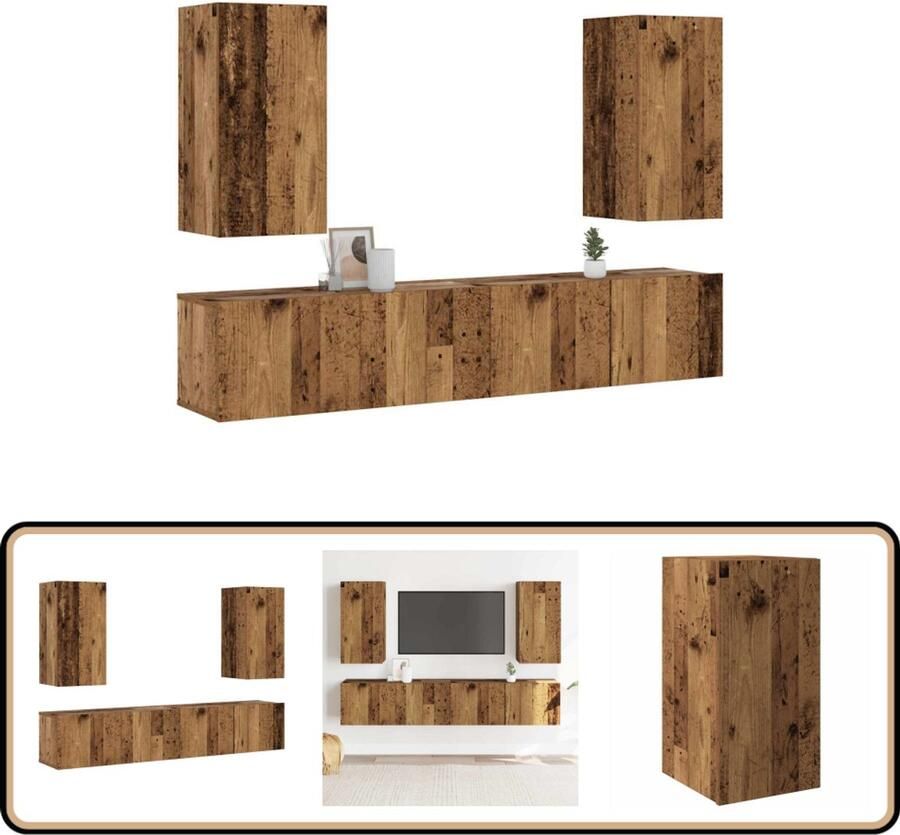VidaXL Tv-wandkasten set van 4 Oud houtkleurig Tv-kast Wandkast Houten Kast Vintage Kast Meubilair