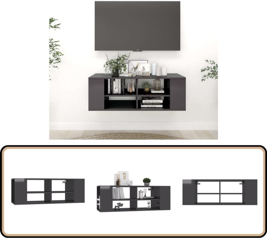 VidaXL Tv-wandmeubel 102x35x35 cm hoogglans grijs Tv-meubel Televisiescherm Woonkamerdecoratie Houtskelet Grijze Meubels