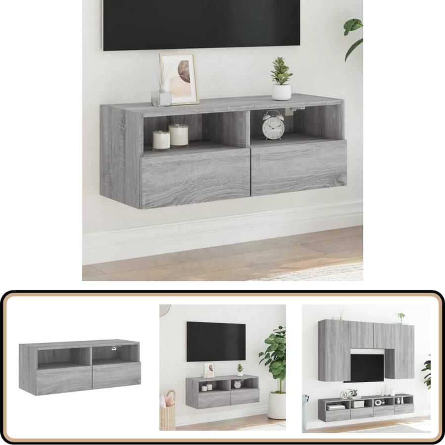 The Living Store Tv-wandmeubel 80x30x30 cm bewerkt hout grijs sonoma eikenkleur Tv Wandmeubel Tv Kast Zwevend Tv Meubel Grijze Tv Stand Houten Tv Meubel