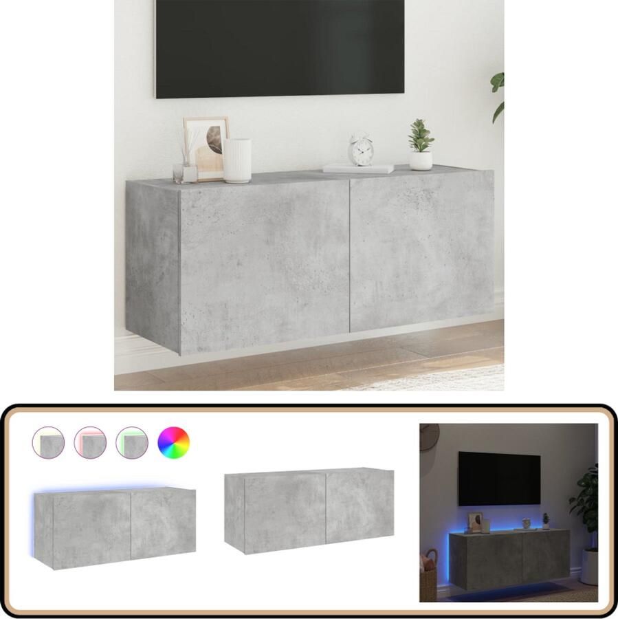 VidaXL The Living Store Tv-wandmeubel met LED-verlichting 100x35x41 cm betongrijs Tv-wandmeubel Mediawandmeubel Led-verlichting Rgb-verlichting Beton Grijs - Foto 2