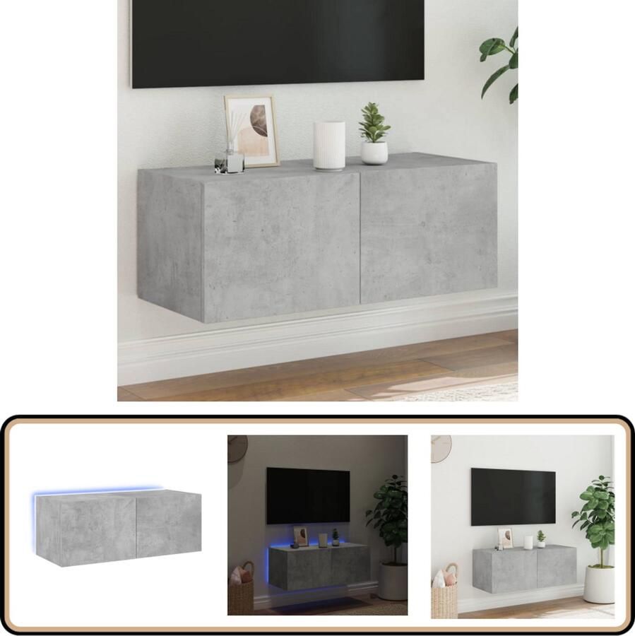 VidaXL Tv-wandmeubel met LED 80x35x31 cm grijs Tv-meubel Wandmontage Led Verlichting Grijze Tv-kast Houten Tv-meubel