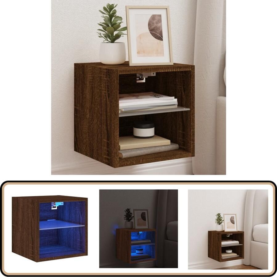 VidaXL Tv-wandmeubel met LED bruineiken 30x28 5x30cm Tv-meubel Wandmontage Bruin Houten Tv-standaard Led-verlichting