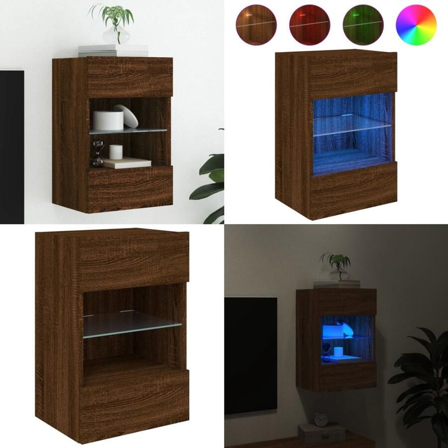 The Living Store Tv-wandmeubel met LED-verlichting 40x30x60 5 cm bruineikenkleur Tv-standaard Tv-meubel Wandmontage Led Verlichting Bruin - Foto 2