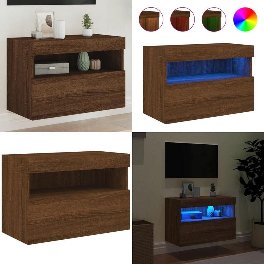 VidaXL Tv-wandmeubel met LED-verlichting 60x30x40 cm bruin eikenkleur Tv-wandmeubel Tv-wandmeubelen Zwevend Tv-meubel Tv-wandmeubel