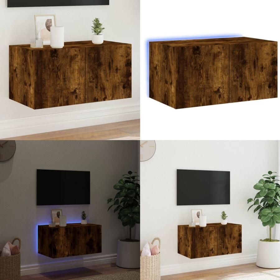 The Living Store Tv-wandmeubel met LED-verlichting 60x35x31 cm gerookt eiken Tv Wandmeubel Tv Kast Led Verlichting Houten Tv Stand Bruine Tv Unit