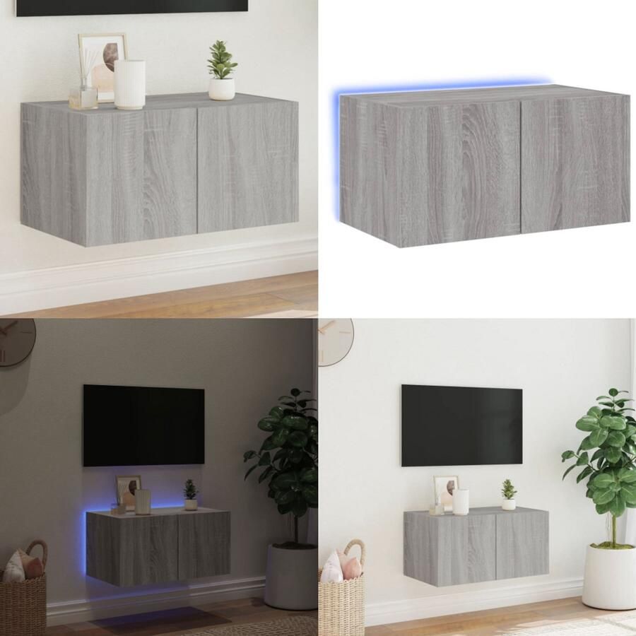 The Living Store Tv-wandmeubel met LED-verlichting 60x35x31 cm grijs sonoma Tv-wandmeubel Led-verlichting Grijze Tv-standaard Houten Tv-tafel Salontafel