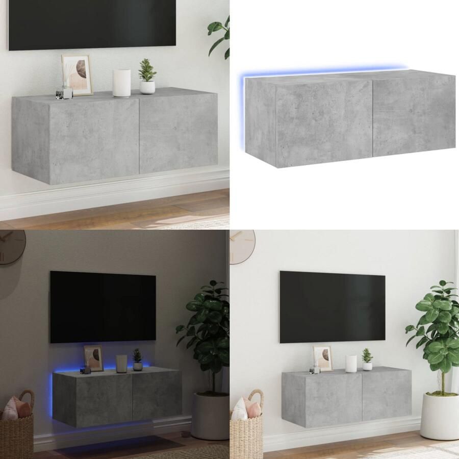 VidaXL Tv-wandmeubel met LED-verlichting 80x35x31 cm betongrijs Tv-wandmeubel Tv-wandmeubelen Zwevend Tv-meubel Tv-wandmeubel