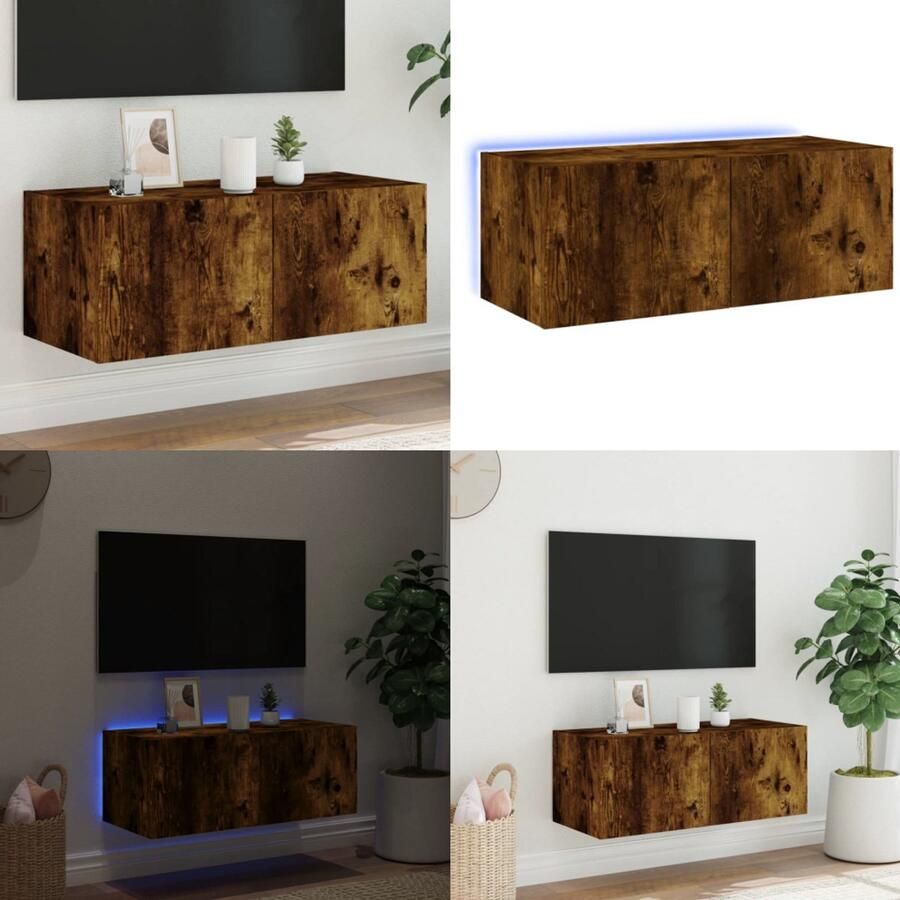 The Living Store Tv-wandmeubel met LED-verlichting 80x35x31 cm gerookt eiken Tv-standaard Tv-meubel Led Verlichting Zwevende Tv-kast Bruine Tv-tafel - Foto 2