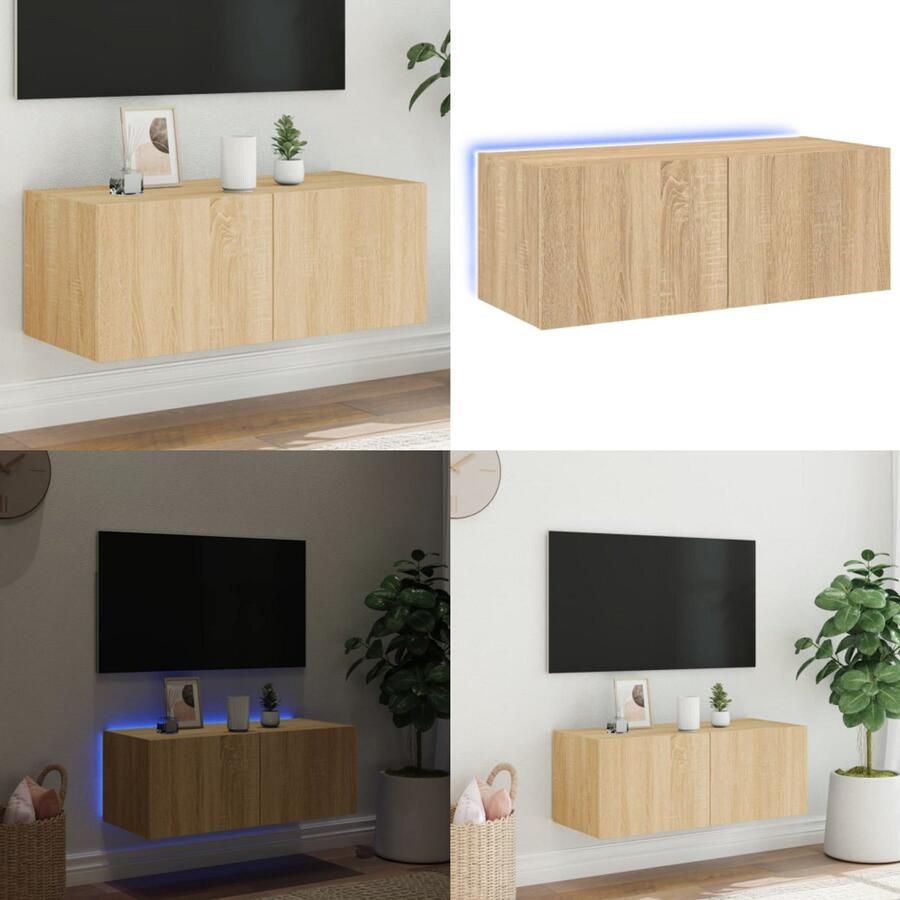 VidaXL Tv-wandmeubel met LED-verlichting 80x35x31 cm sonoma eikenkleur Tv-wandmeubel Tv-wandmeubelen Zwevend Tv-meubel Tv-wandmeubel