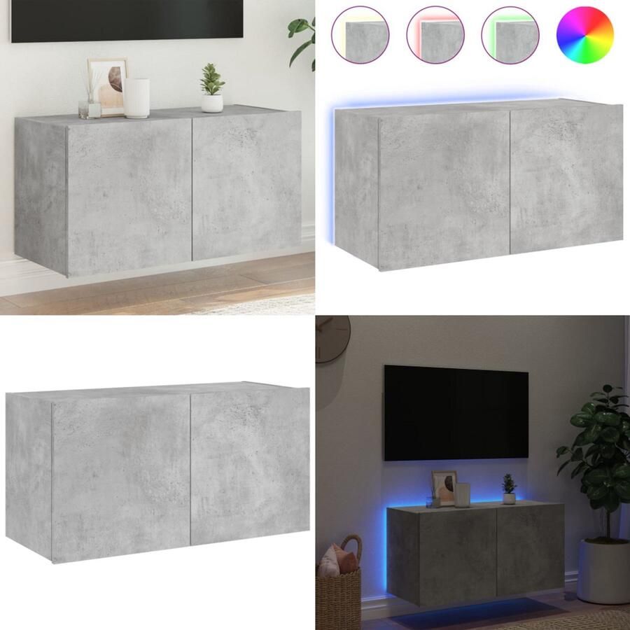 VidaXL Tv-wandmeubel met LED-verlichting 80x35x41 cm betongrijs Tv-wandmeubel Tv-wandmeubelen Zwevend Tv-meubel Tv-wandmeubel