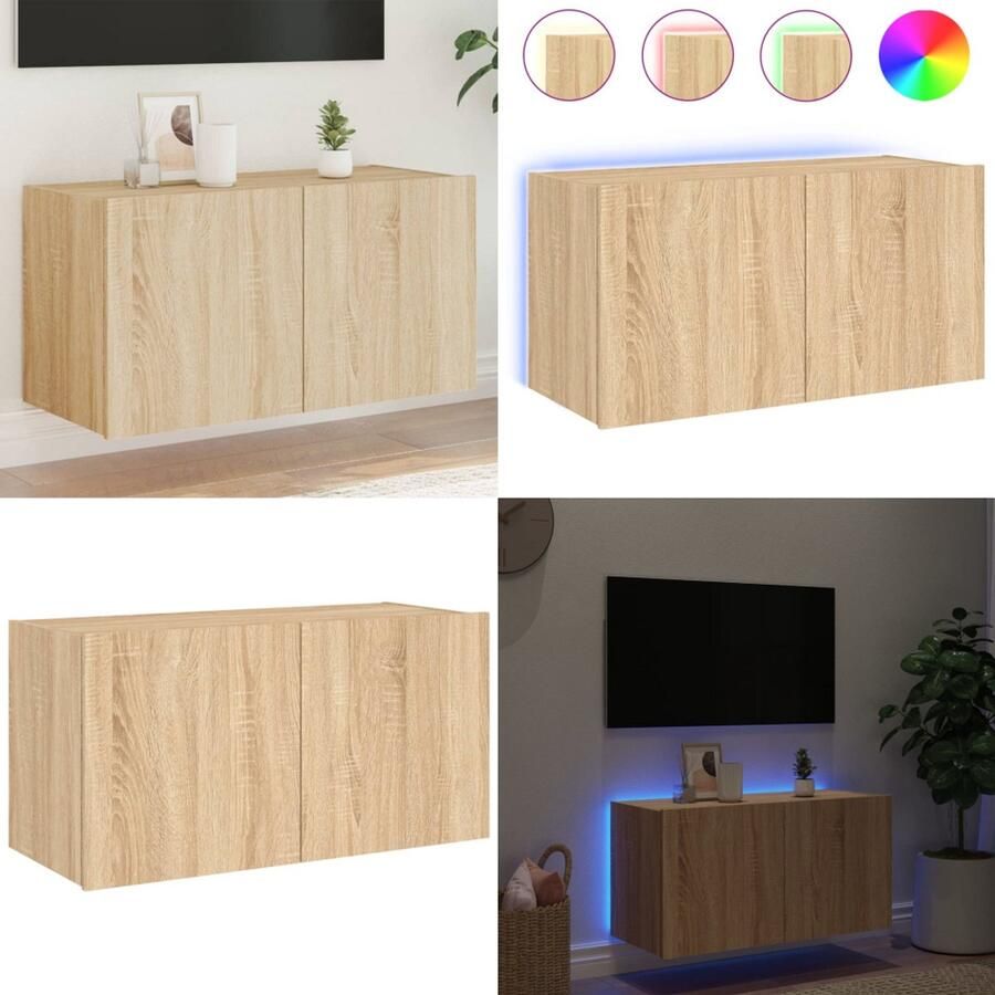 The Living Store Tv-wandmeubel met LED-verlichting 80x35x41 cm sonoma eikenkleur Tv-meubel Tv-standaard Wandmontage Led Verlichting Sonome Eiken - Foto 2