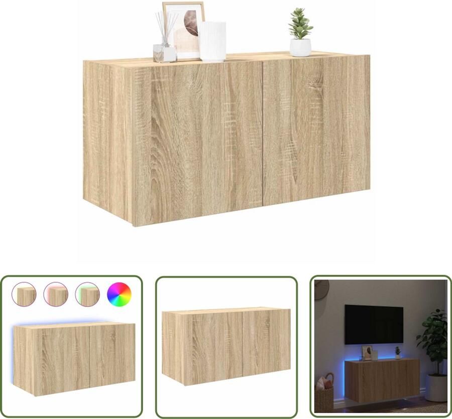 The Living Store Tv-wandmeubel met LED-verlichting 80x35x41 cm sonoma eikenkleur Tv-meubel Tv-standaard Wandmontage Led Verlichting Sonome Eiken - Foto 4