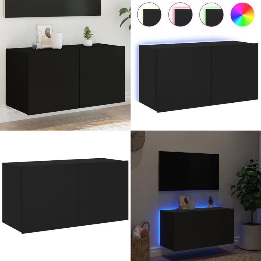 VidaXL Tv-wandmeubel met LED-verlichting 80x35x41 cm zwart Tv-wandmeubel Tv-wandmeubelen Zwevend Tv-meubel Tv-wandmeubel