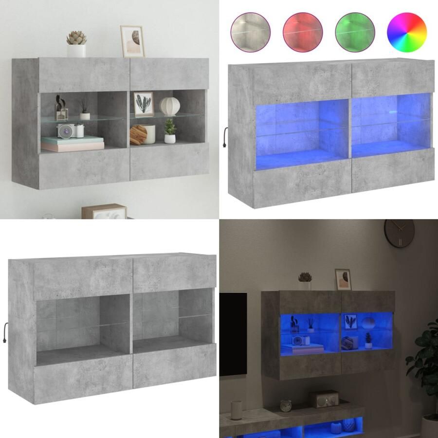 The Living Store Tv-wandmeubel met LED-verlichting 98 5x30x60 5 cm betongrijs Tv Kast Tv Meubel Led Verlichting Wandmontage Opbergruimte - Foto 2