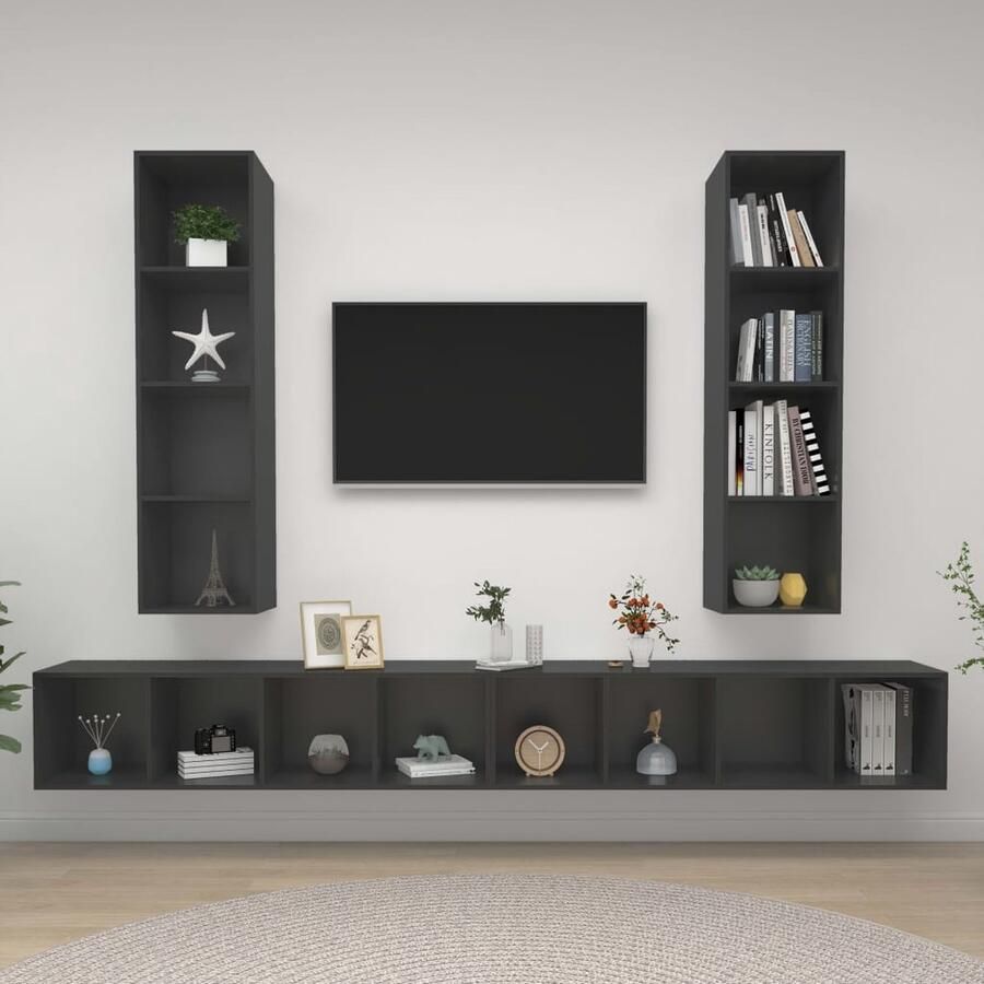 VidaXL Tv-wandmeubel Set 4 Stuks Bewerkt Hout Grijs Televisiescherm Wandmontage Tv Meubilair Tv Kast Salontafel Woonkamer Decoratie Grijze Tv Stand Houten Tv Kast Media Kast Opslagruimte Compact Tv Meubel Modern Tv Meubel - Foto 2