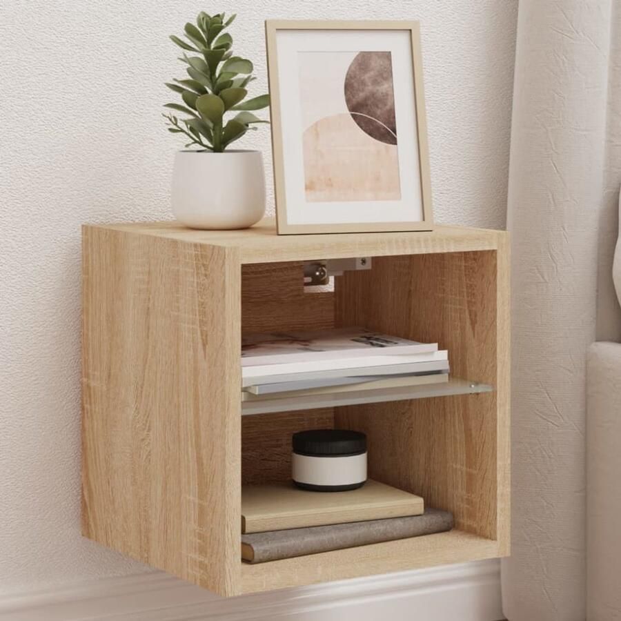 The Living Store Tv-wandmeubel met LED-verlichting 30x28 5x30 cm sonoma eiken Tv-wandmeubel Tv-kasten Led-verlichting Sonoma Eiken Bewerkt Hout