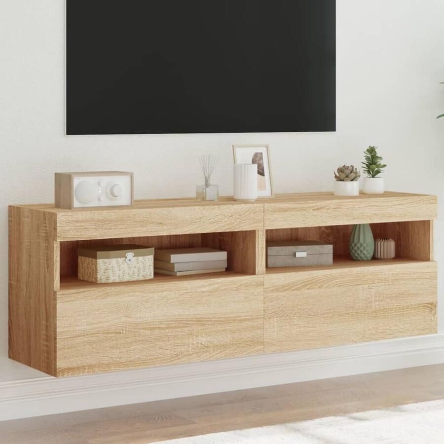 The Living Store Tv-wandmeubels met LED 2 st 60x30x40 cm sonoma eikenkleurig Tv-kast Tv-wandmeubel Led-verlichting Rgb-verlichting Sonoma Eiken
