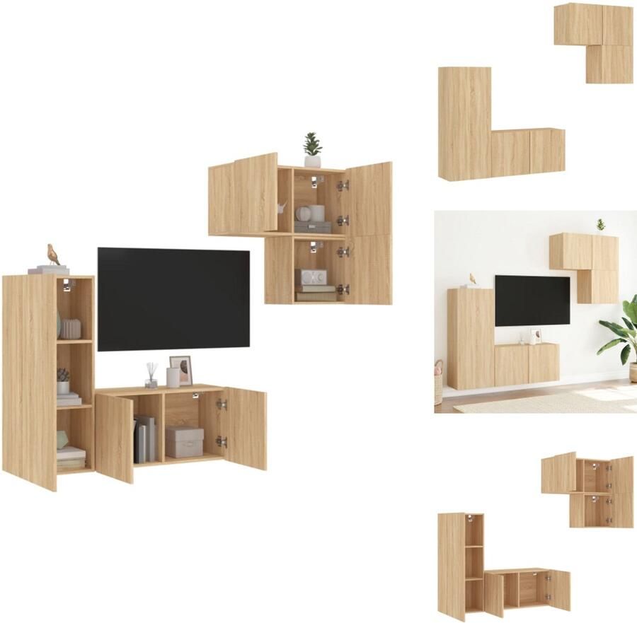 VidaXL Tv-wandmeubel Tv-wandmeubelen Tv-meubel Zwevend Tv Meubel 4-delige Tv-wandmeubelset bewerkt hout sonoma eikenkleurig