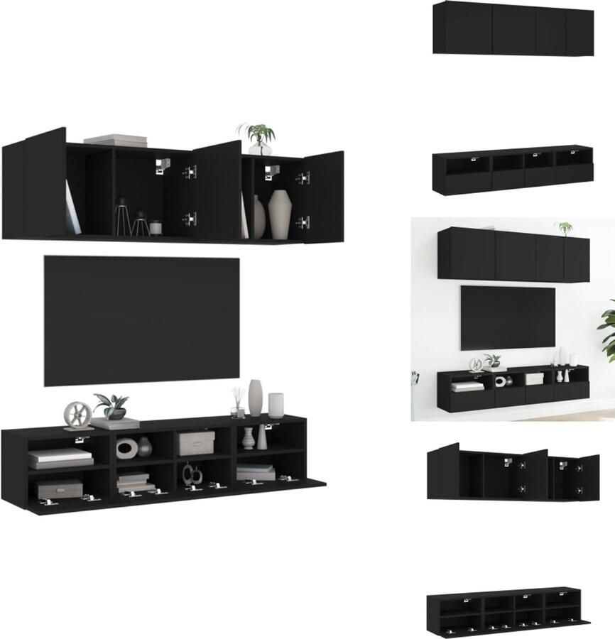 VidaXL Tv-wandmeubel Tv-wandmeubelen Tv-meubel Zwevend Tv Meubel 5-delige Tv-wandmeubelset bewerkt hout zwart