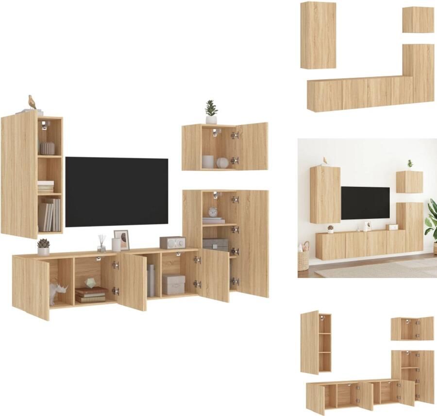 VidaXL Tv-wandmeubel Tv-wandmeubelen Tv-meubel Zwevend Tv Meubel 5-delige Tv-wandmeubelset bewerkt hout sonoma eikenkleurig