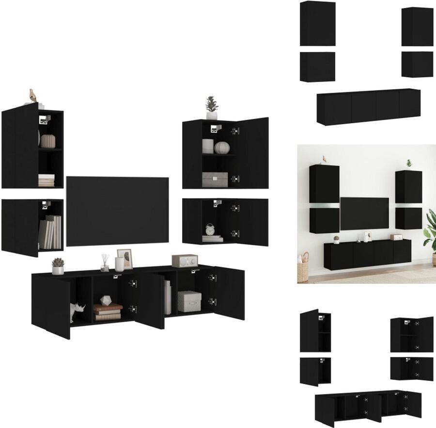 VidaXL Tv-wandmeubel Tv-wandmeubelen Tv-meubel Zwevend Tv Meubel 6-delige Tv-wandmeubelset bewerkt hout zwart