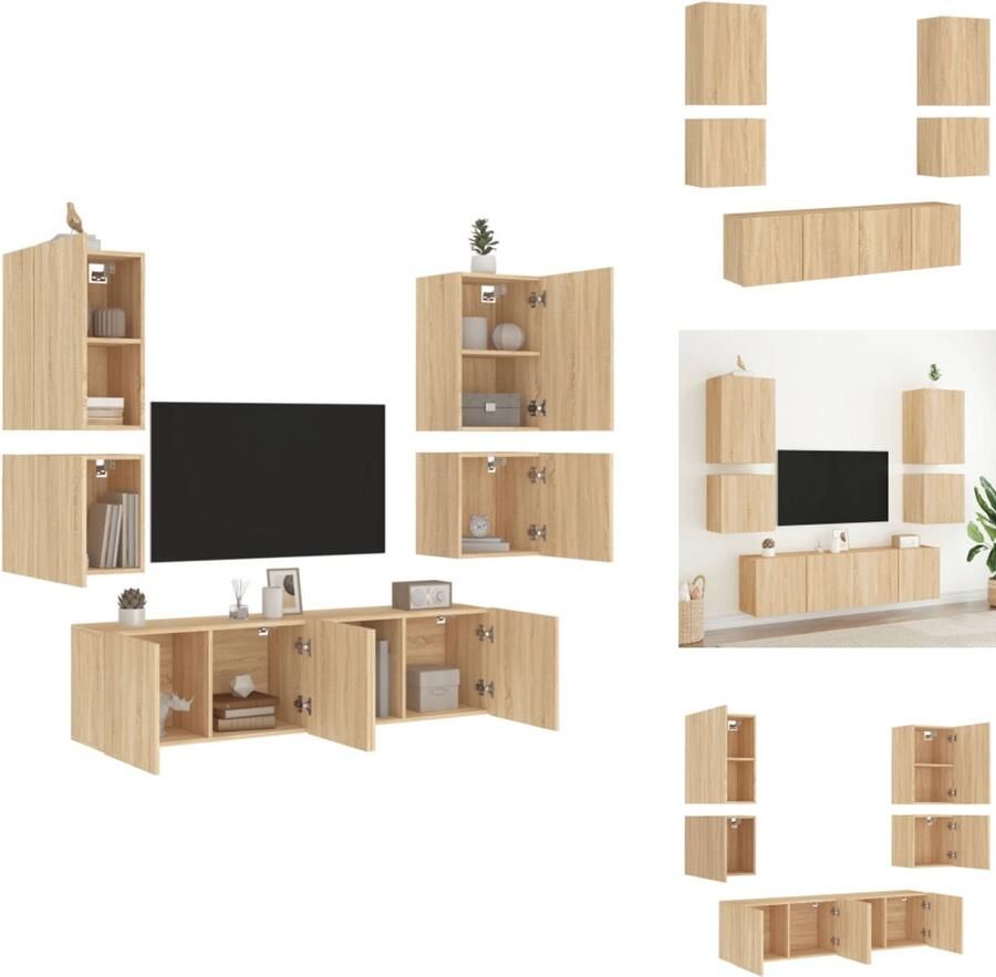 VidaXL Tv-wandmeubel Tv-wandmeubelen Tv-meubel Zwevend Tv Meubel 6-delige Tv-wandmeubelset bewerkt hout sonoma eikenkleurig