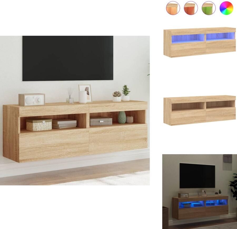 The Living Store Tv-wandmeubels met LED 2 st 60x30x40 cm sonoma eikenkleurig Tv-kast Tv-wandmeubel Led-verlichting Rgb-verlichting Sonoma Eiken - Foto 3