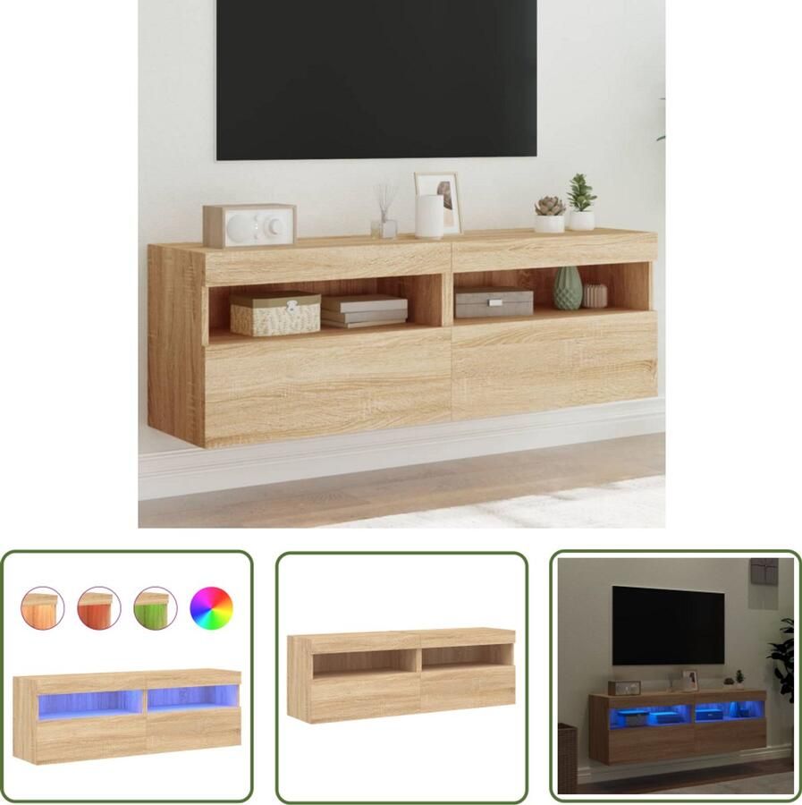 The Living Store Tv-wandmeubels met LED 2 st 60x30x40 cm sonoma eikenkleurig Tv-kast Tv-wandmeubel Led-verlichting Rgb-verlichting Sonoma Eiken - Foto 2